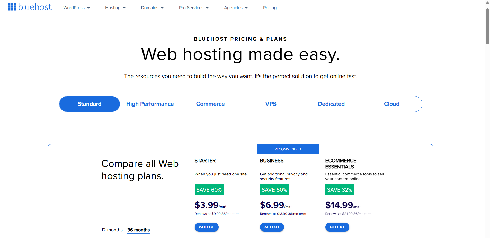 Bluehost pricing plans
