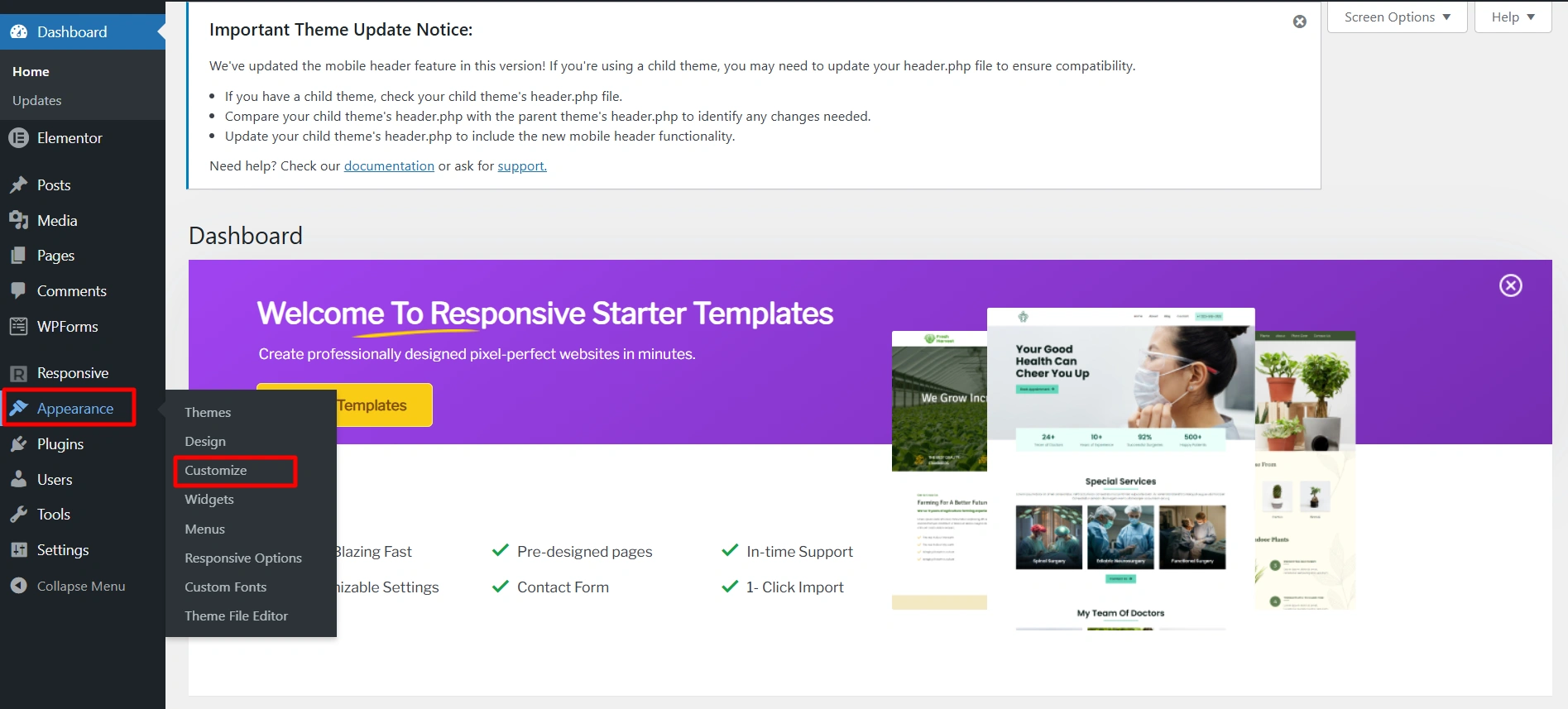 Select Appearance then Customize