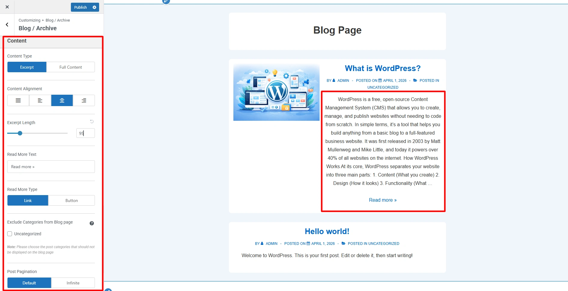 Content options in Blog and Archive settings