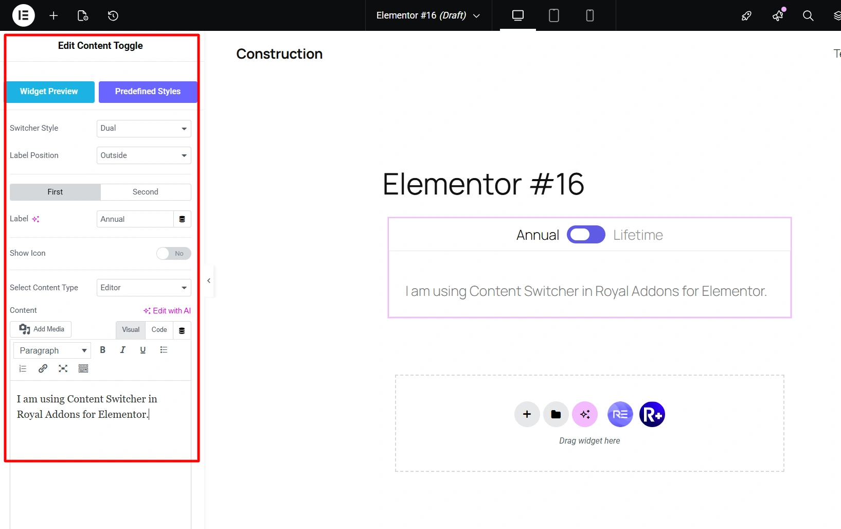 Content toggle widget in Royal Addons