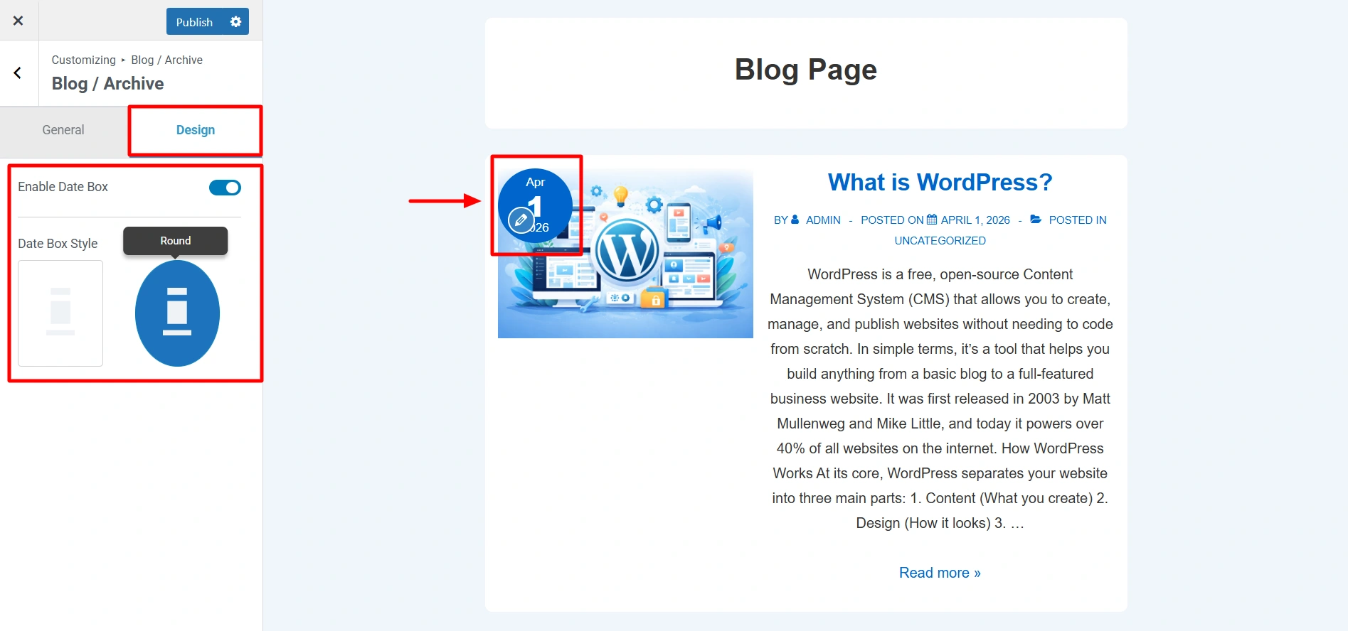 Date box option in Blog and Archive settings