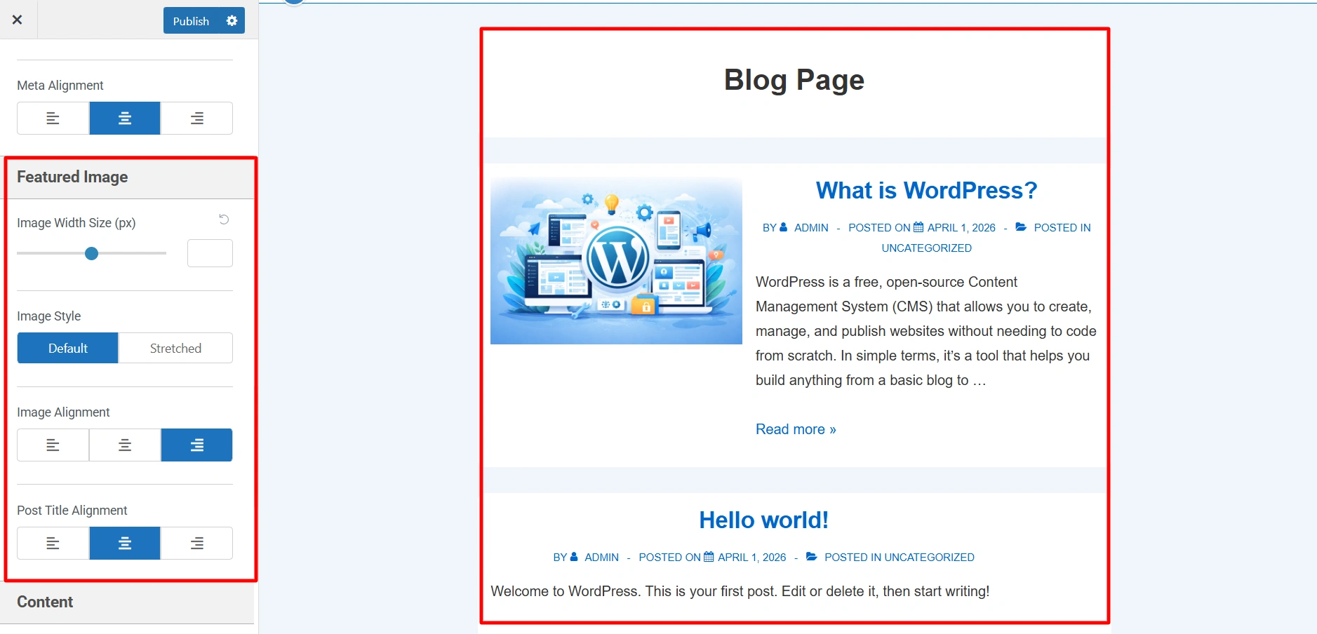 Featured image options in Blog and Archive settings