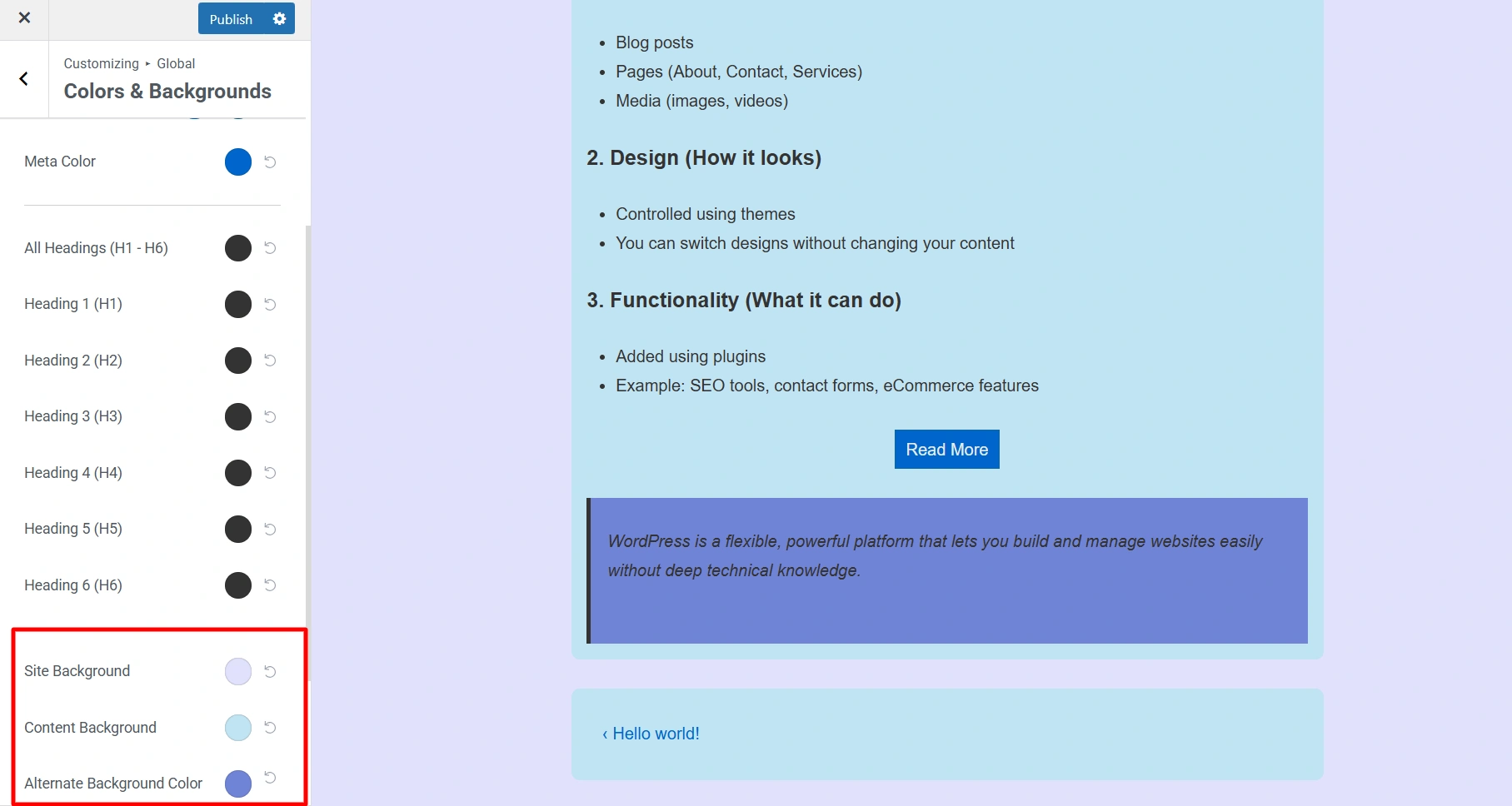 How to change background colors in Global settings