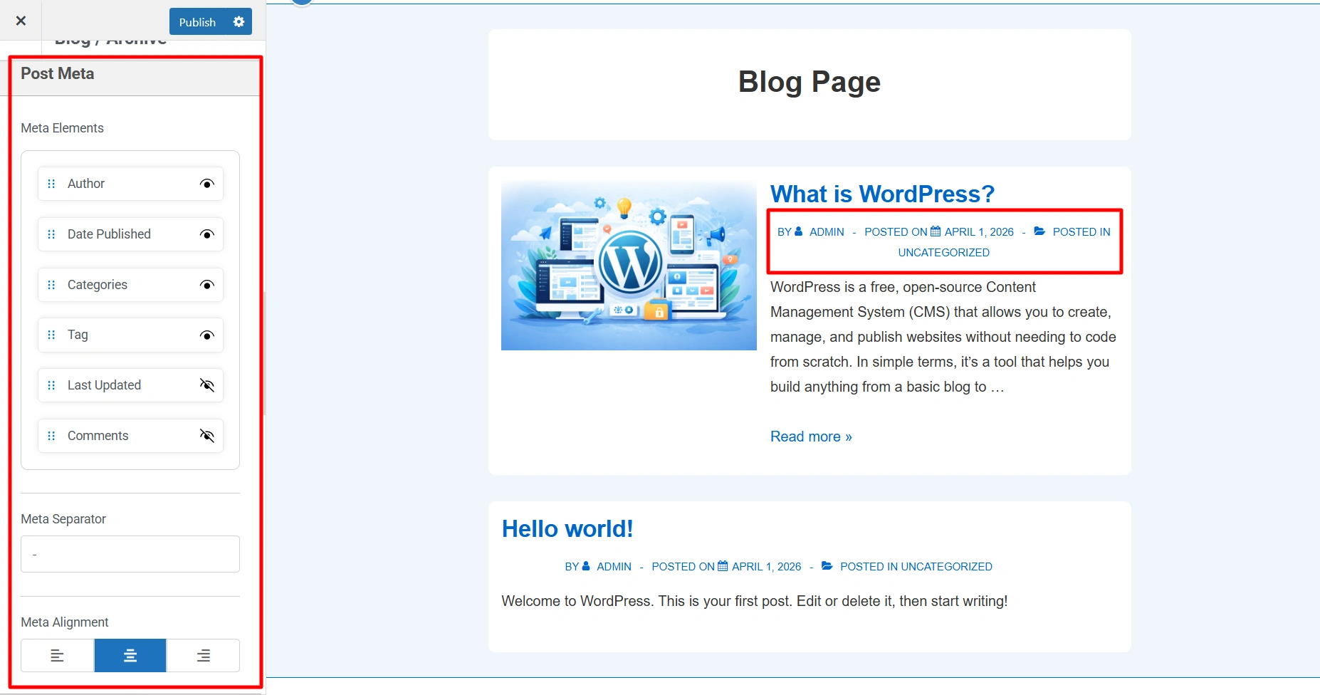 Post meta options in Blog and Archive settings