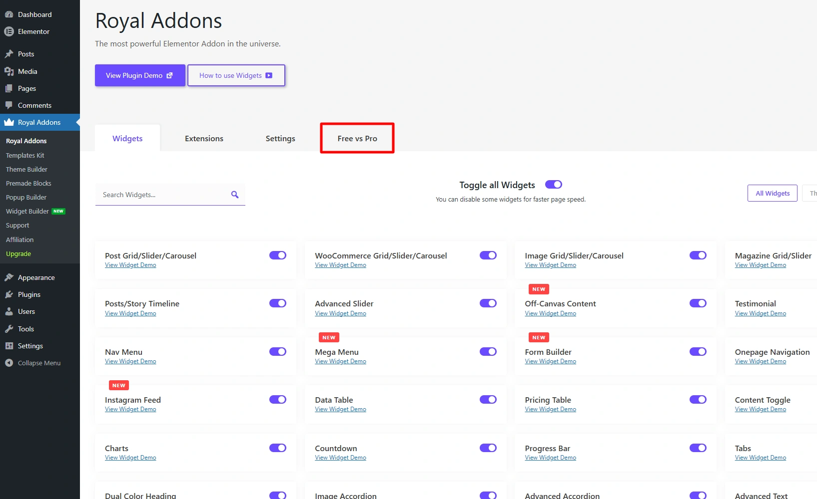 Royal addons widget library